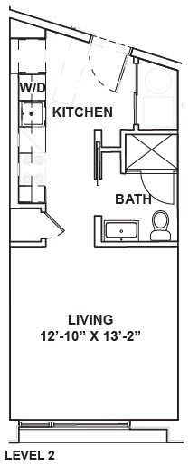A floor plan of a two level apartment with a living room, kitchen, and bathroom.